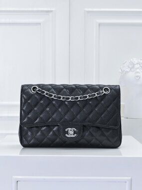 Chanel Classic Flap Bag in Black Caviar Leather with Silver-Tone Hardware